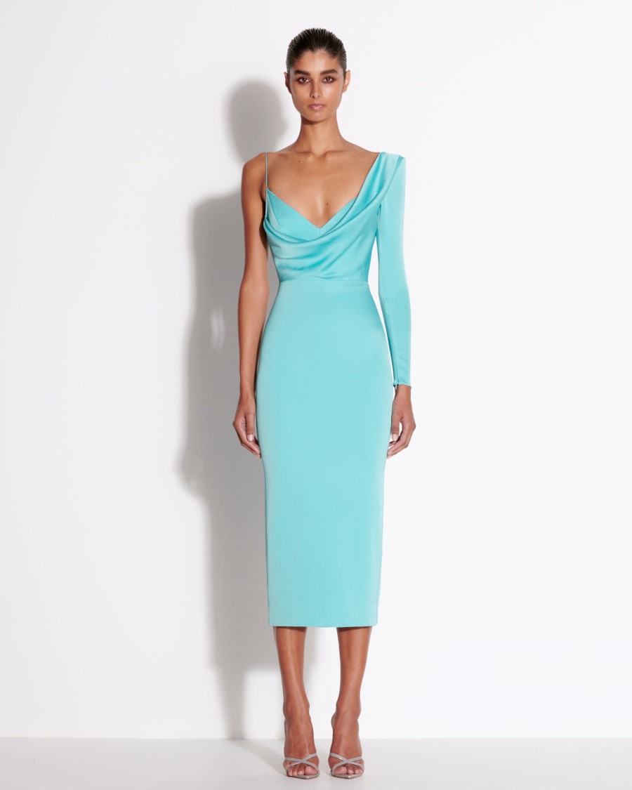 New Asymmetric One Shoulder Drape Dress In Satin Crepe Dresses